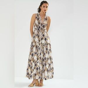 ANTHROPOLOGIE MAEVE Snake Print Tiered Maxi Dress V Neck Cotton Size 2